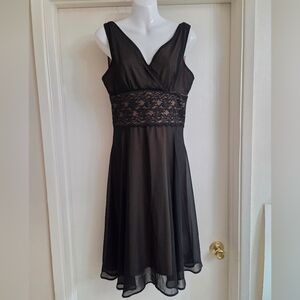 Connected Petite Black/Tan Lace Midi Dress. Organza Lace Sleeveless Formal Dress